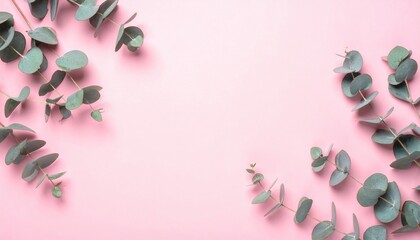Eucalyptus branches frame soft pink background, creating a minimalist and floral design