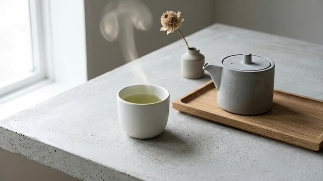 A serene and minimalist scene featuring a steaming cup of freshly brewed hot green tea alongside a matching contemporary teapot, both resting on an elegant wooden serving tray. The tranquil compositio