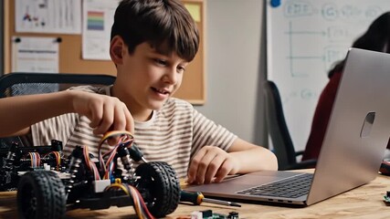 Enthusiastic young student learns STEM, building and coding a robotic car while working on a silver laptop. - Powered by Adobe