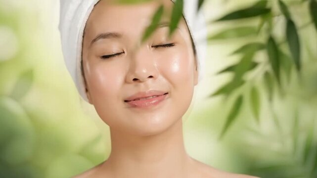 A serene close-up captures a person enjoying a moment of profound relaxation and self-care, possibly at a spa or during a beauty ritual. Wrapped in a soft white towel, their eyes are gently closed wit