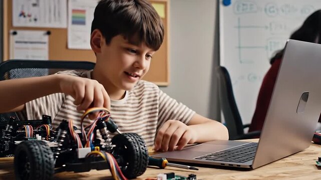 Enthusiastic young student learns STEM, building and coding a robotic car while working on a silver laptop.