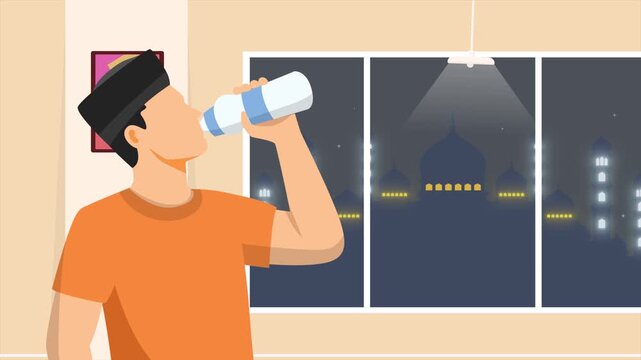 break the fast with water. Activity in Ramdhan concept. Full length animation illustration. High quality&nbsp;4k&nbsp;footage