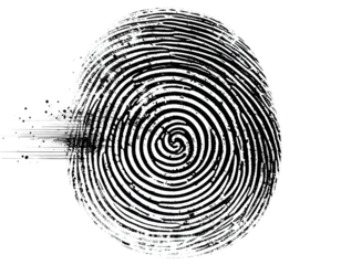 Black and white fingerprint graphic with swirls and smudge effect