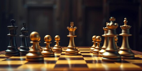 Intricate chessboard with pieces set for a dramatic endgame, knight, chess pieces