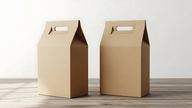 Two blank brown paper gift bags with handles on a wooden surface.