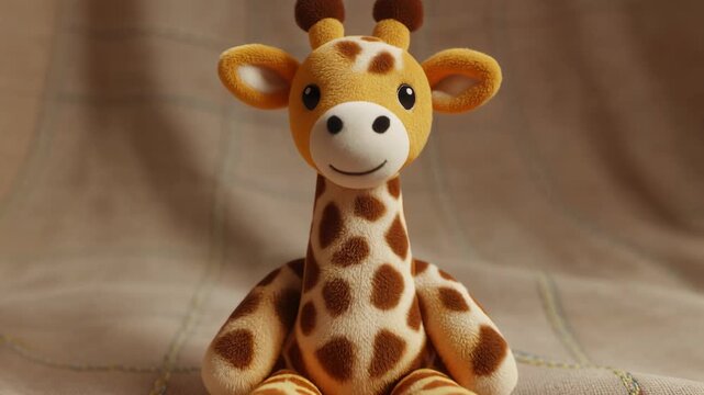 Ultra-realistic 3D animation of a giraffe stuffed toy sitting upright on a soft fabric surfa
