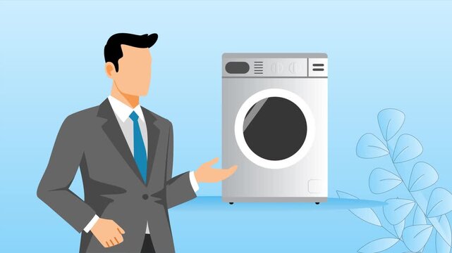 washing machine sales man. Home Appliance concept. Full length animation illustration. High quality&nbsp;4k&nbsp;footage