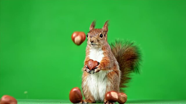 Squirrel Juggling Nuts on Green Screen - A cute squirrel stands upright, playfully juggling hazelnuts on a bright green background. The nuts are in mid-air, suggesting movement and fun.