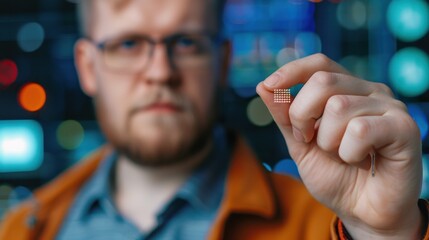 Person Holding Microchip with Colorful Blurred Background Representing Technology and Innovation in Electronics