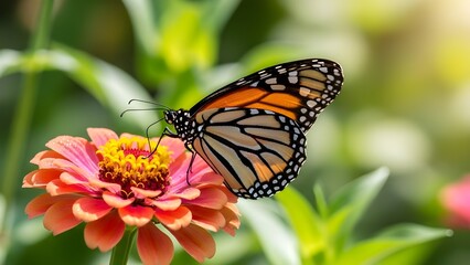 Fototapeta premium A monarch butterfly perched on a vibrant pink flower in a lush green garden