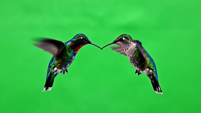 Two Hummingbirds Facing Each Other - This video shows two hummingbirds in mid-air, facing each other with their beaks almost touching.