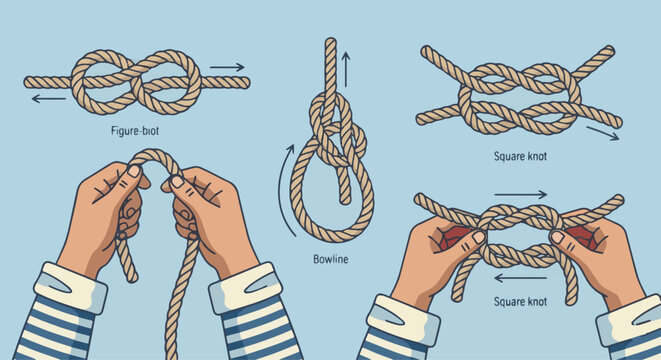 Sailor Tying Nautical Knots
A flat vector illustration of a sailor tying nautical knots with rope. Focus on hands and rope. Flat vector style, instructional and clean.