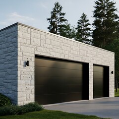 Modern residential outbuilding features light stone cladding and dark horizontal panel doors