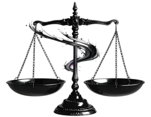 Metallic scales of justice with a serpent-like design at the center