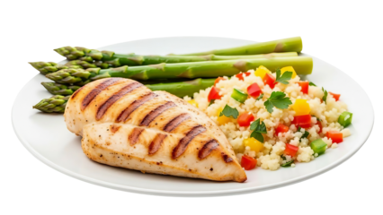 Grilled chicken breast with asparagus and couscous salad isolated on transparent background