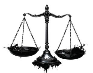 Detailed illustration of justice scales with dark, metallic finish