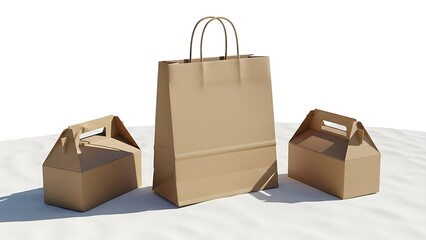 Three Brown Paper Bags and Boxes for Shopping and Takeaway Food.