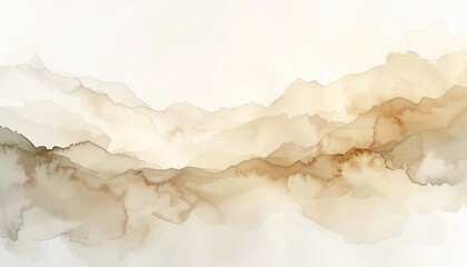 Abstract watercolor artwork depicting layers of mountains in shades of brown and beige against white