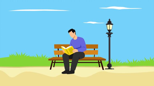a man reading a book in the park. Real life story telling concept. Full length animation illustration. High quality&nbsp;4k&nbsp;footage
