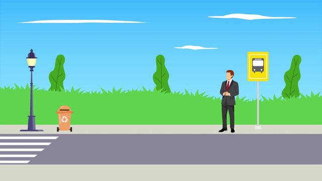 a man waiting for a bus. Real life story telling concept. Full length animation illustration. High quality&nbsp;4k&nbsp;footage