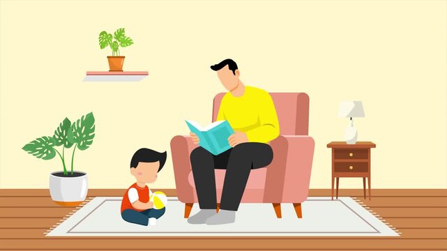 father tells stories with books to children. Real life story telling concept. Full length animation illustration. High quality&nbsp;4k&nbsp;footage