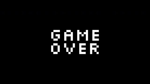Game over glitch in white on black background. Suitable for graphic design, gaming concept illustrations, and retrothemed projects.