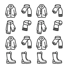 Collection of cold weather gear including jackets scarves and boots in black and white minimalist line art drawings in various views