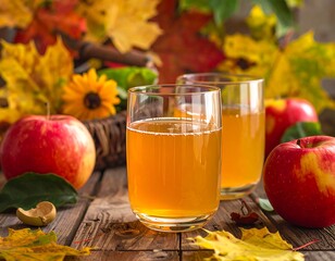 Autumnal still life. Two glasses filled with apple cider, red apples, yellow leaves, and a wicker basket on a wooden table