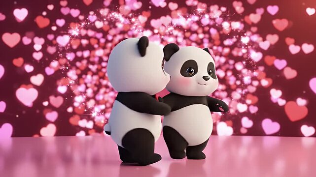 Panda Couple Embrace on Valentine's Day - Two cute panda characters are embracing with a romantic backdrop of pink hearts and sparkling lights, video in a cartoonish style.