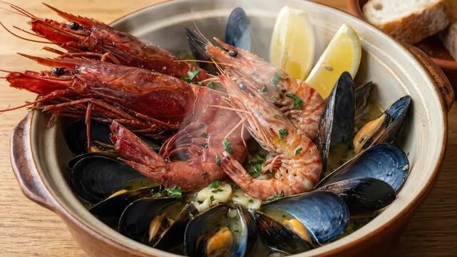 A tantalizing close-up shot of a steaming hot gourmet seafood dish presented in a rustic ceramic bowl on a warm wooden table. The composition features large, succulent prawns with their heads and ante