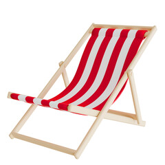 3D render of a classic red and white striped deck chair isolated on a plain background, ideal for summer vacation, beach, and tropical-themed graphic designs.