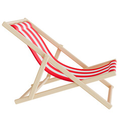 3D render of a classic red and white striped deck chair isolated on a plain background, ideal for summer vacation, beach, and tropical-themed graphic designs.
