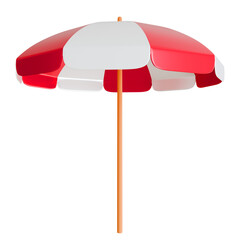 3D render of a red and white striped beach umbrella, perfect for summer vacation, tropical travel themes, and outdoor relaxation graphic design projects.