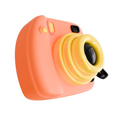 Cute 3D render of a pink instant film camera with yellow accents, perfect for travel photography, summer vacation memories, and creative social media graphic design elements.