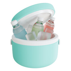 High-quality 3D render of a teal cooler box filled with ice cubes and refreshing bottled drinks, ideal for summer picnic, beach party, and outdoor vacation design projects.