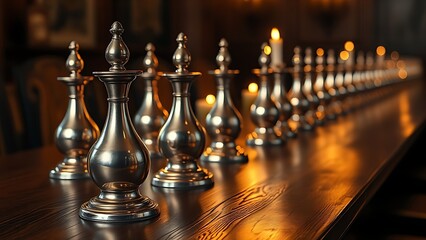 flagons. Gleaming pewter flagons on a wooden table reflecting candlelight. bar promotions, beverage menus, designed for product packaging and bar promotions, used by food bloggers.