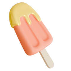 3D render of a refreshing orange popsicle with a smooth yellow melting glaze, perfect for summer vacation, food-themed designs, and seasonal creative advertisements.