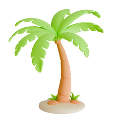 3D render of a stylized palm tree on a small sand island, perfect for tropical summer vacation themes, travel advertisements, and creative beach-inspired graphic designs.