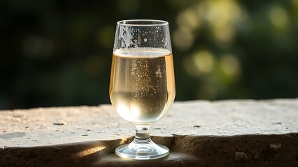 corretto. A clear glass of white wine on a stone ledge with condensation. bar promotions, beverage menus, designed for food & beverage menus and cafe branding, enhances appetite appeal.