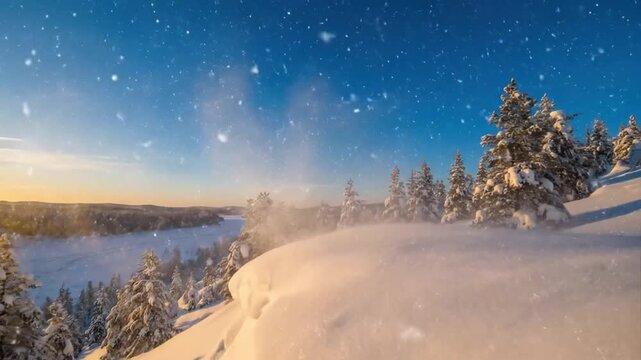 A tranquil panoramic winter landscape bathed in the warm, golden light of sunrise or sunset. Pristine snowdrifts dominate the foreground, with majestic evergreen trees blanketed in snow stretching acr