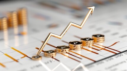 Golden Coins and Arrow Graph Representing Financial Growth and Investment Success on Stock Market Chart