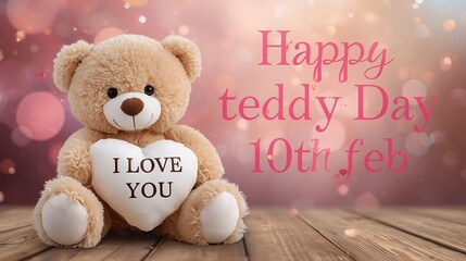 Happy Teddy Day Valentine&rsquo;s Week Greeting with Cute Teddy Bear Holding Heart, Romantic Love Background