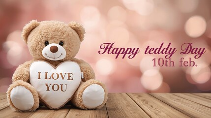 Happy Teddy Day Valentine&rsquo;s Week Greeting with Cute Teddy Bear Holding Heart, Romantic Love Background