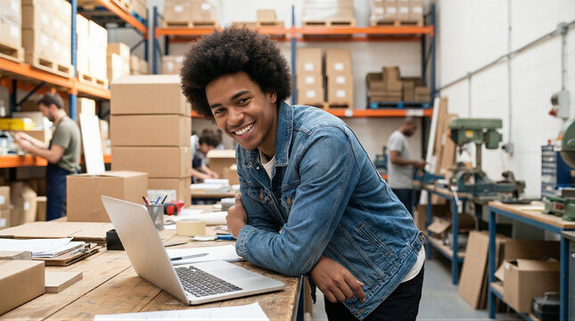 Warehouse employee smiling while working on laptop in busy distribution center