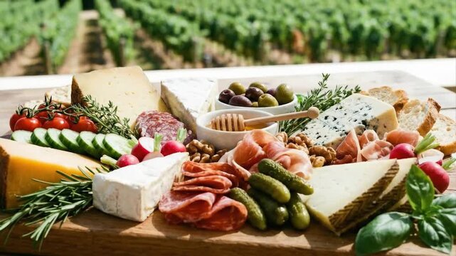 A vibrant and artfully arranged charcuterie and cheese board is showcased outdoors, featuring an abundant selection of gourmet delights. The spread includes diverse artisanal cheeses, savory cured mea