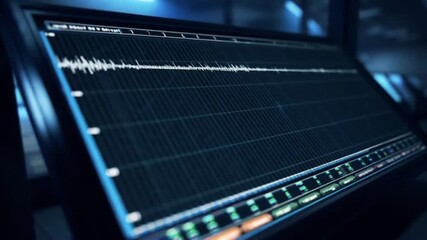 Modern Audio Mixing Console Interface with Oscilloscope and Equalizer Display