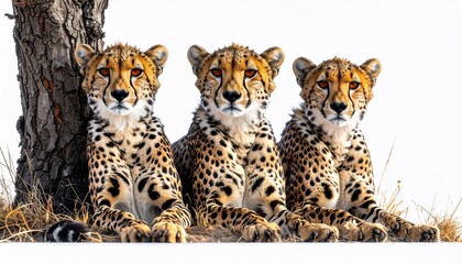 Three cheetahs lounge together near a tree, alert with amber eyes