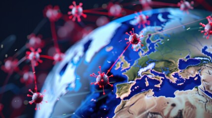 Global Spread of Virus Represented by Virus Particles Orbiting the Earth in a Futuristic Digital Design