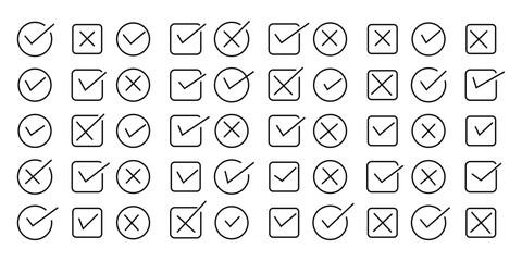Hand drawn check mark icon set. tick, cross signs for checkbox, checklist, v and x in sketch doodle brush marker checklist symbol. grunge brush style. eps 10