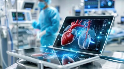 Advanced Medical Technology in Surgery with Digital Heart Models on Tablet Display in Modern Hospital Environment